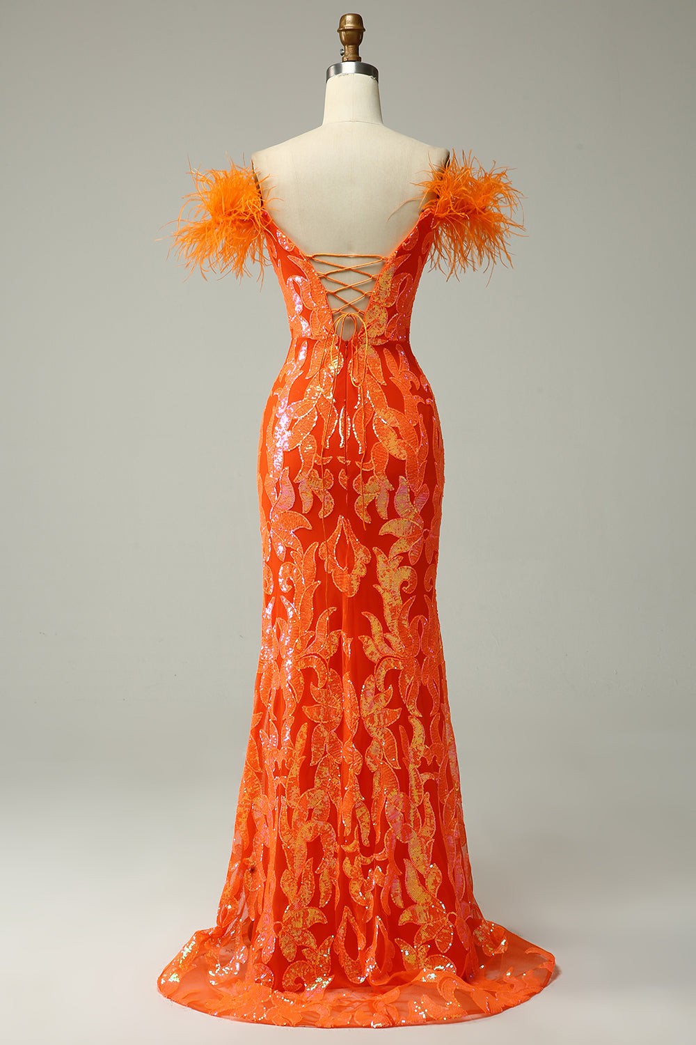 Orange Prom Dress Sequined Off the Shoulder Mermaid Long Evening Dress with Feathers