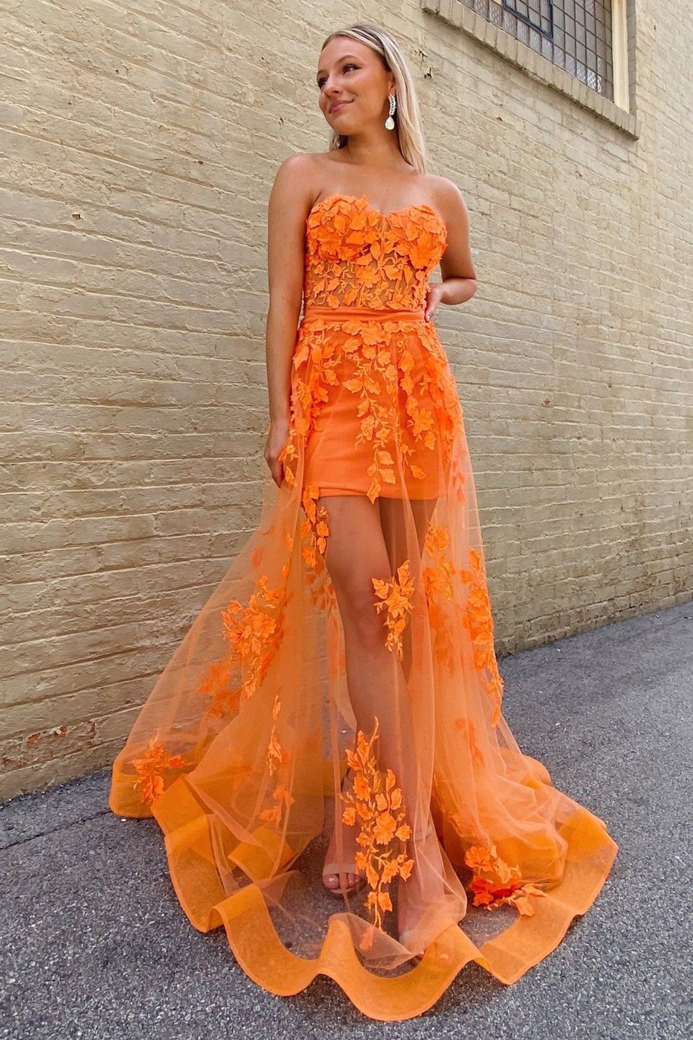 Orange Prom Dress Sheath Corset Long Evening Dress with Appliques