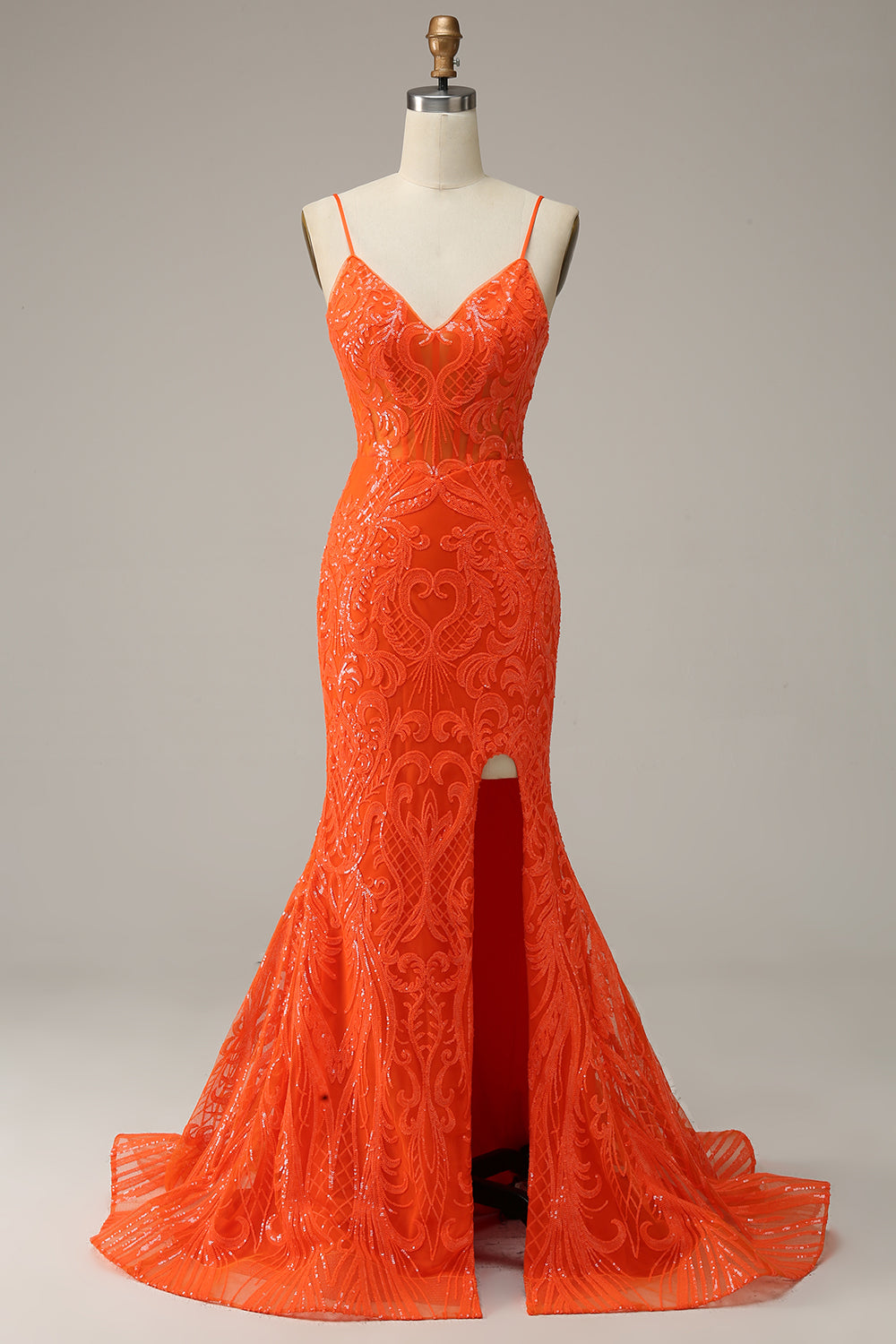 Orange Prom Dress Spaghetti Straps Mermaid Evening Dress