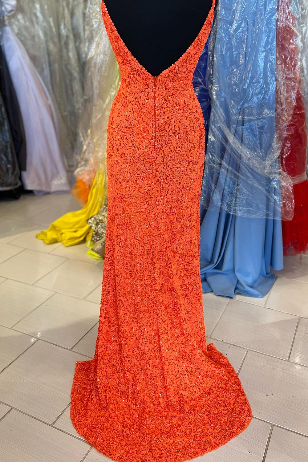 Orange Prom Dress Sparkly Mermaid V Neck Sequined Long Evening Dress