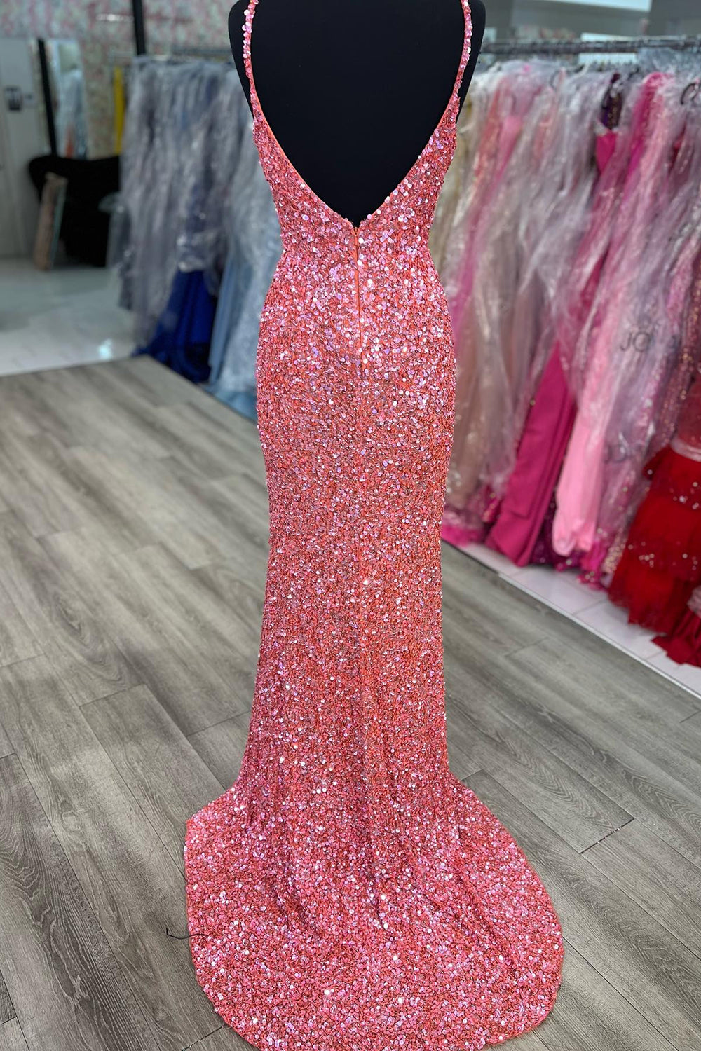 Orange Prom Dress Sparkly Mermaid V Neck Sequined Long Evening Dress