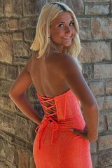 Orange Prom Dress Strapless Corset Long Evening Dress with Slit