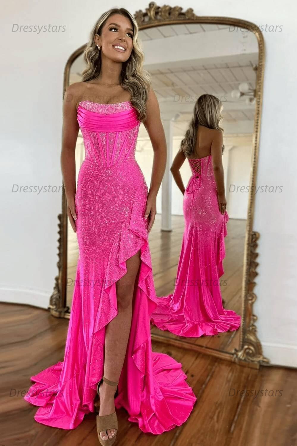 Orange Prom Dress Strapless Corset Long Evening Dress with Slit