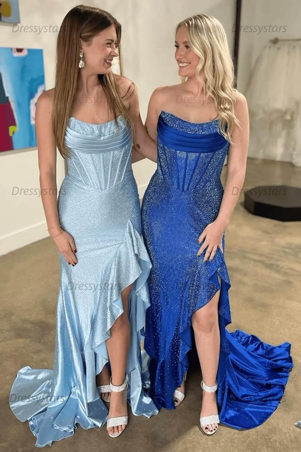Orange Prom Dress Strapless Corset Long Evening Dress with Slit