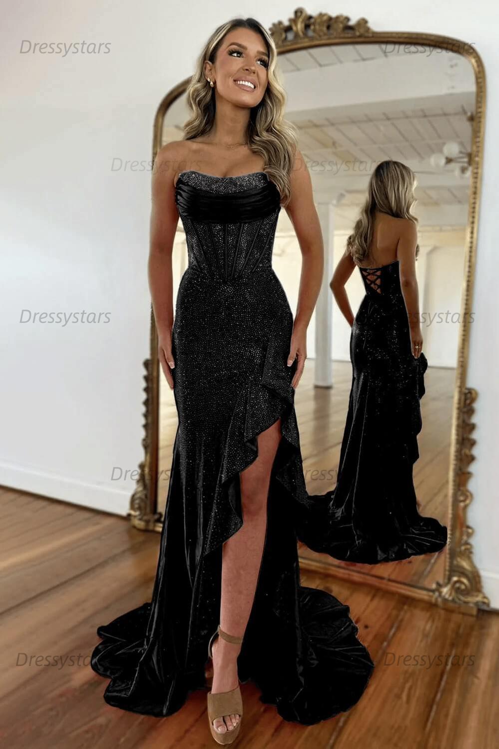 Orange Prom Dress Strapless Corset Long Evening Dress with Slit