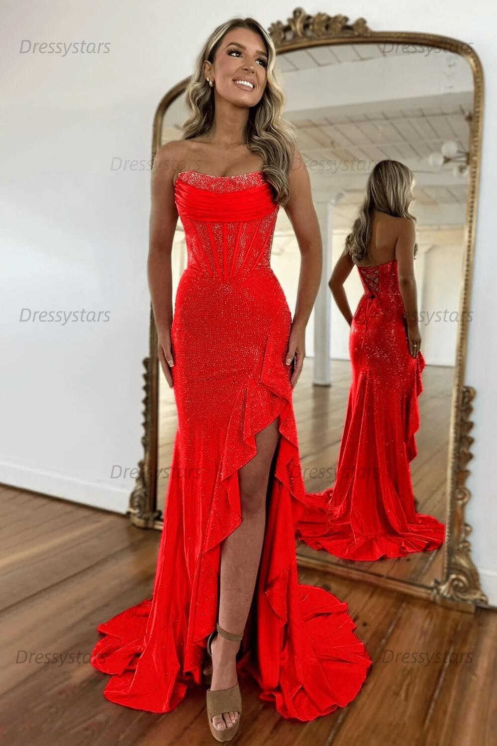 Orange Prom Dress Strapless Corset Long Evening Dress with Slit
