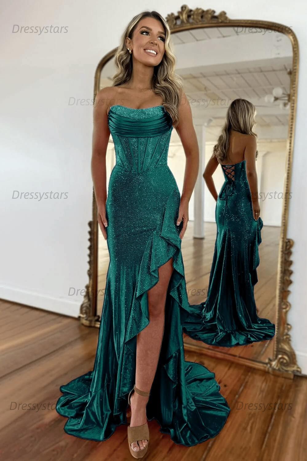 Orange Prom Dress Strapless Corset Long Evening Dress with Slit