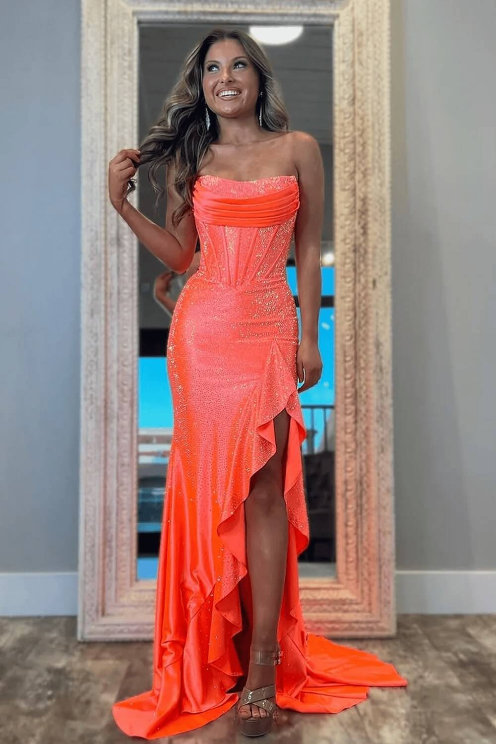 Orange Prom Dress Strapless Corset Long Evening Dress with Slit