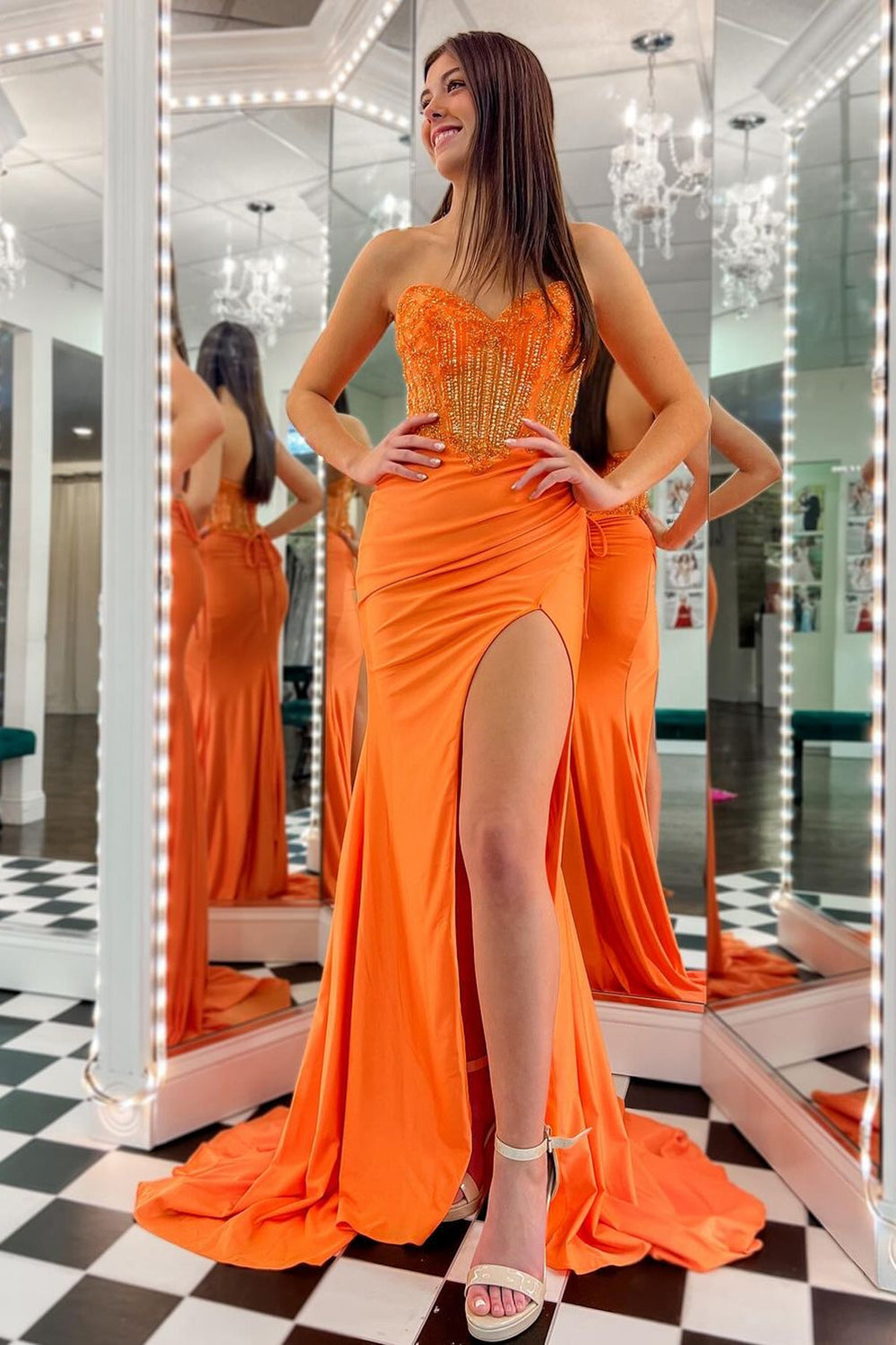 Orange Prom Dress Strapless Mermaid Beaded Long Evening Dress with Slit