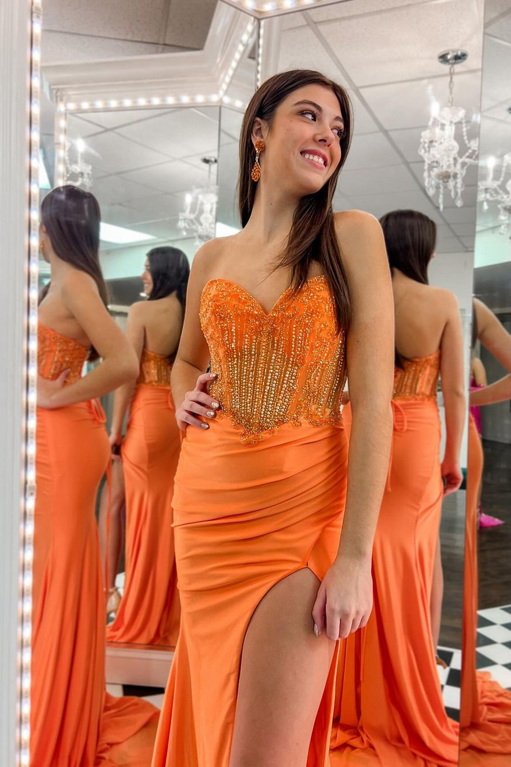 Orange Prom Dress Strapless Mermaid Beaded Long Evening Dress with Slit