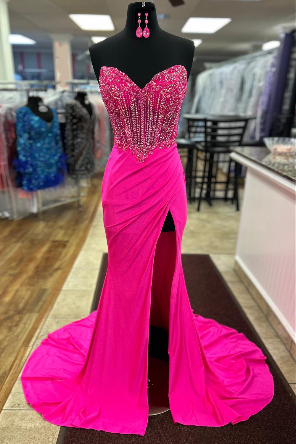 Orange Prom Dress Strapless Mermaid Beaded Long Evening Dress with Slit