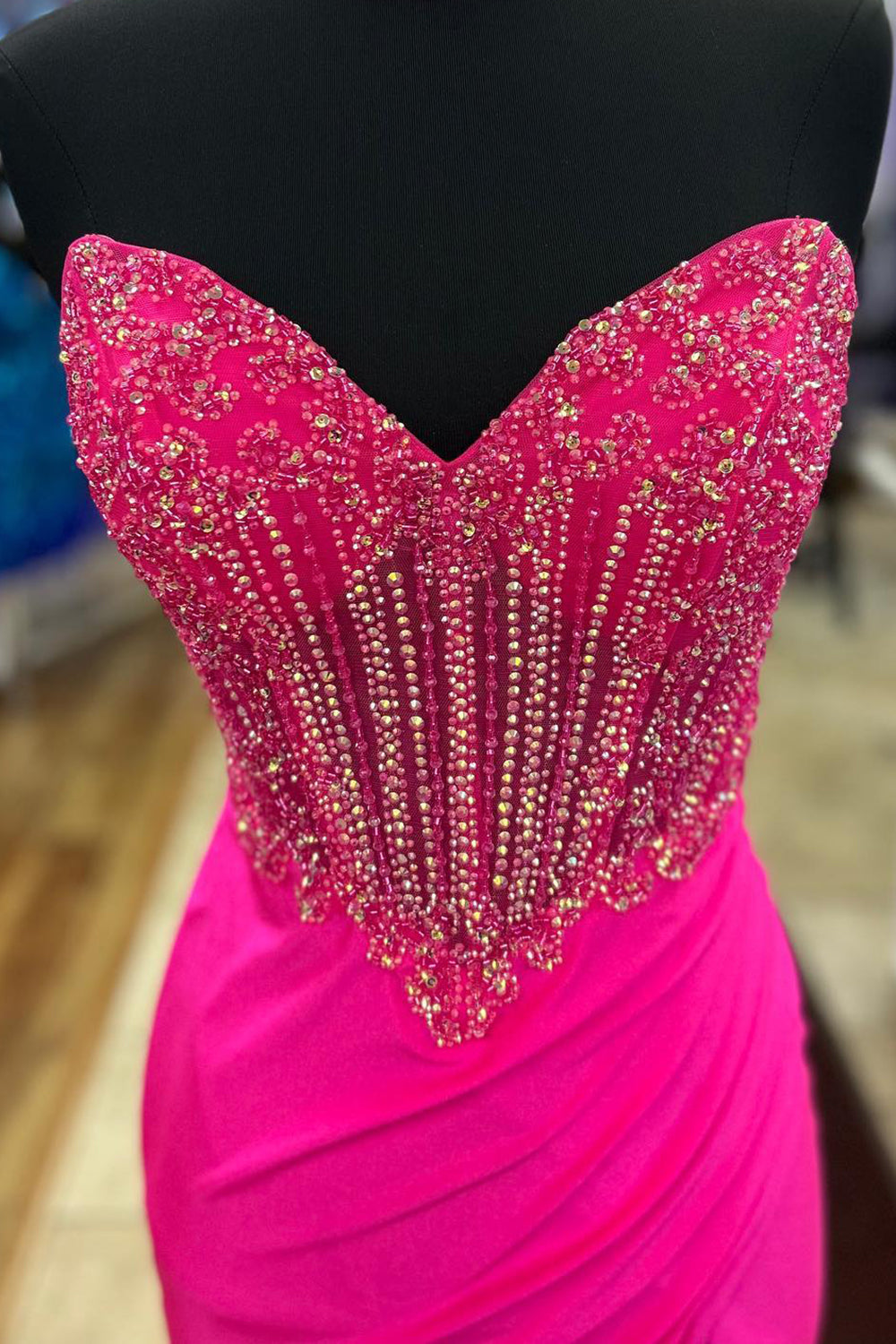 Orange Prom Dress Strapless Mermaid Beaded Long Evening Dress with Slit