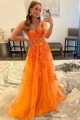 Orange Prom Dress Sweetheart Long Evening Dress with Appliques
