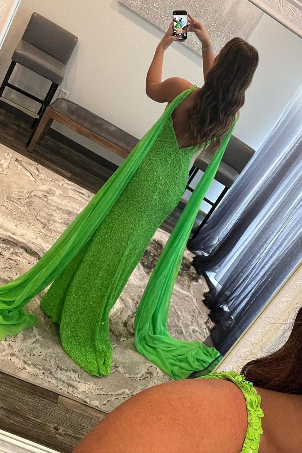 Orange Prom Dress Watteau Train Sequined Long Evening Dress
