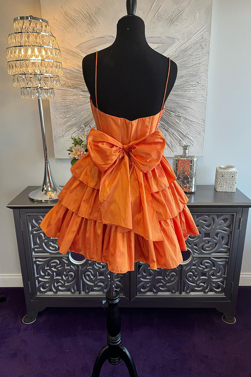 Orange Ruffled A Line Homecoming Dresses Short Corset Cocktail Dresses With Bow