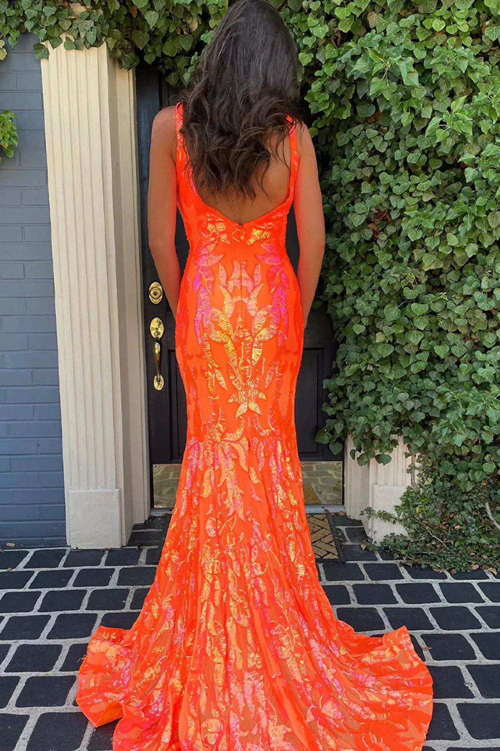 Orange Sequined V-Neck Mermaid Long Prom Dress