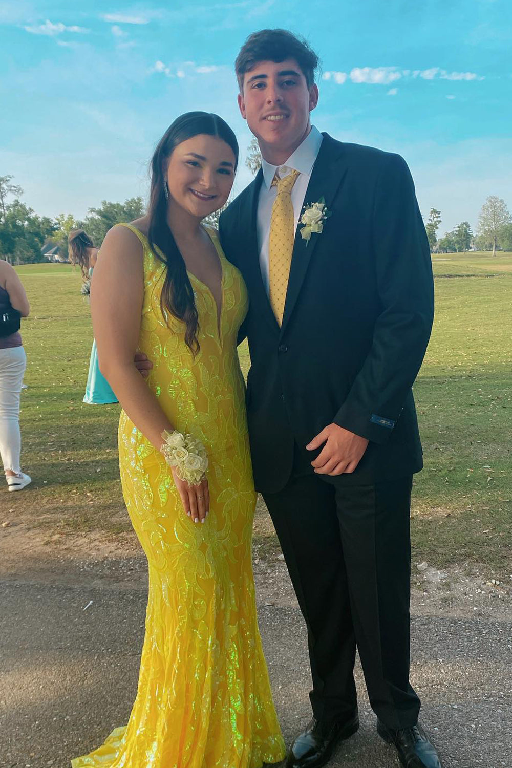 Orange Sequined V-Neck Mermaid Long Prom Dress