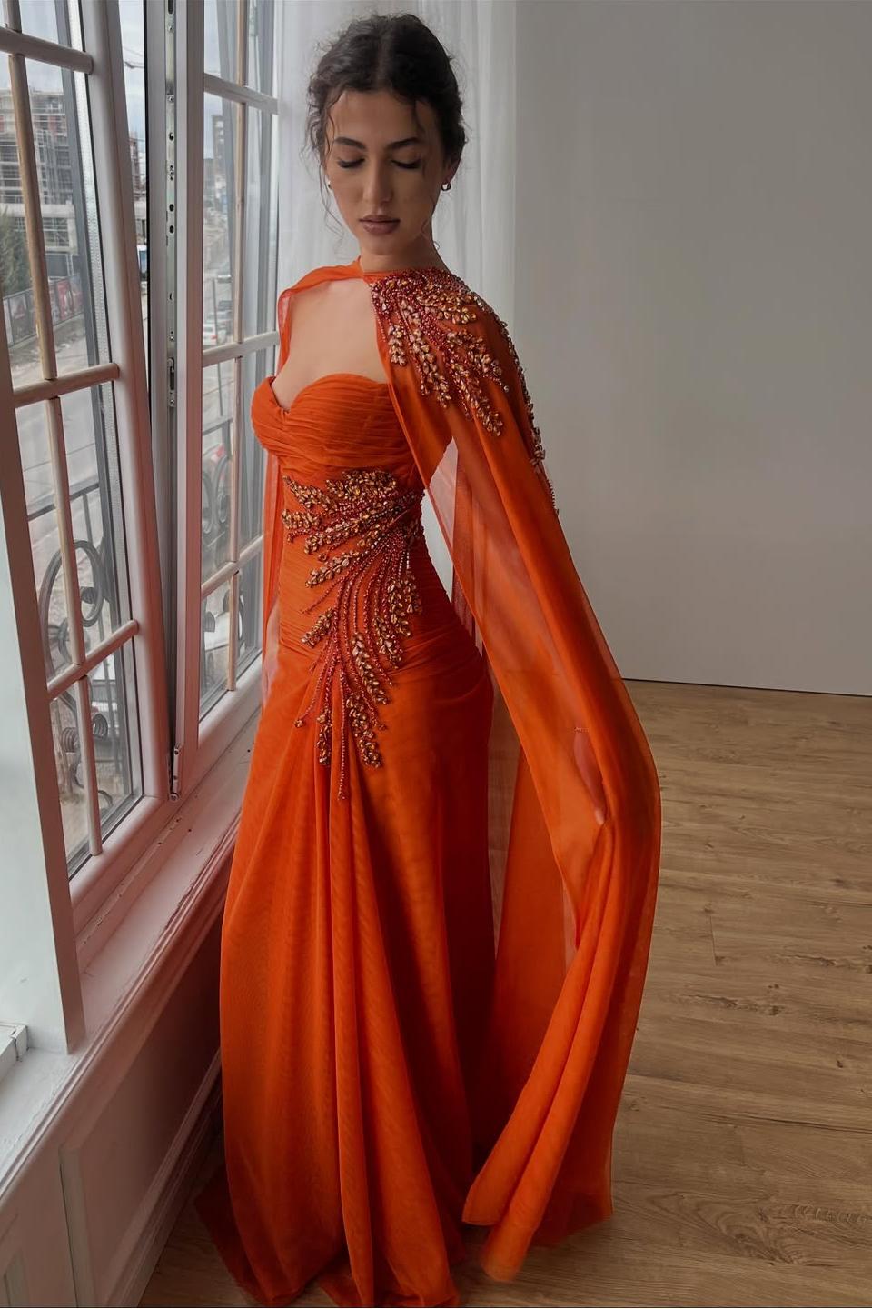 Orange Sheath/Column Prom Dress Cap Sleeve Sweetheart Formal Dress With Beadings and Rhinestones