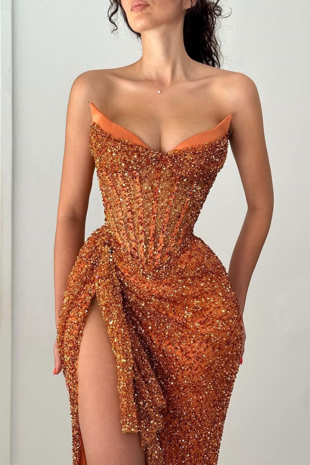 Dressystars Orange Strapless Sequin Prom Dress With Corset And Slit Formal Evening Gown
