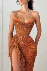 Dressystars Orange Strapless Sequin Prom Dress With Corset And Slit Formal Evening Gown