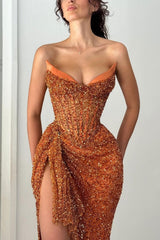 Dressystars Orange Strapless Sequin Prom Dress With Corset And Slit Formal Evening Gown