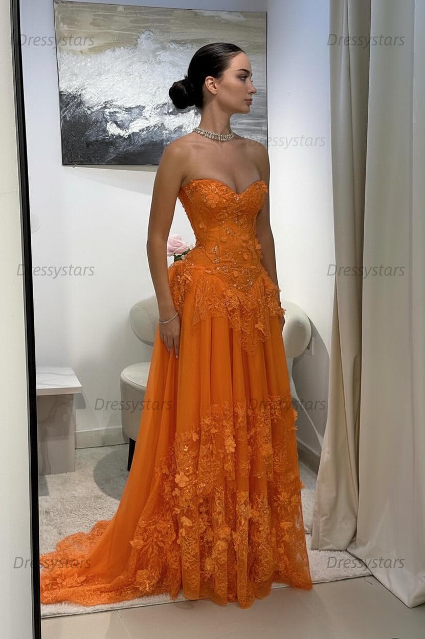 Yellow Lace A Line Prom Dress Sweetheart Lace Appliqued Formal Dress with 3D Flowers
