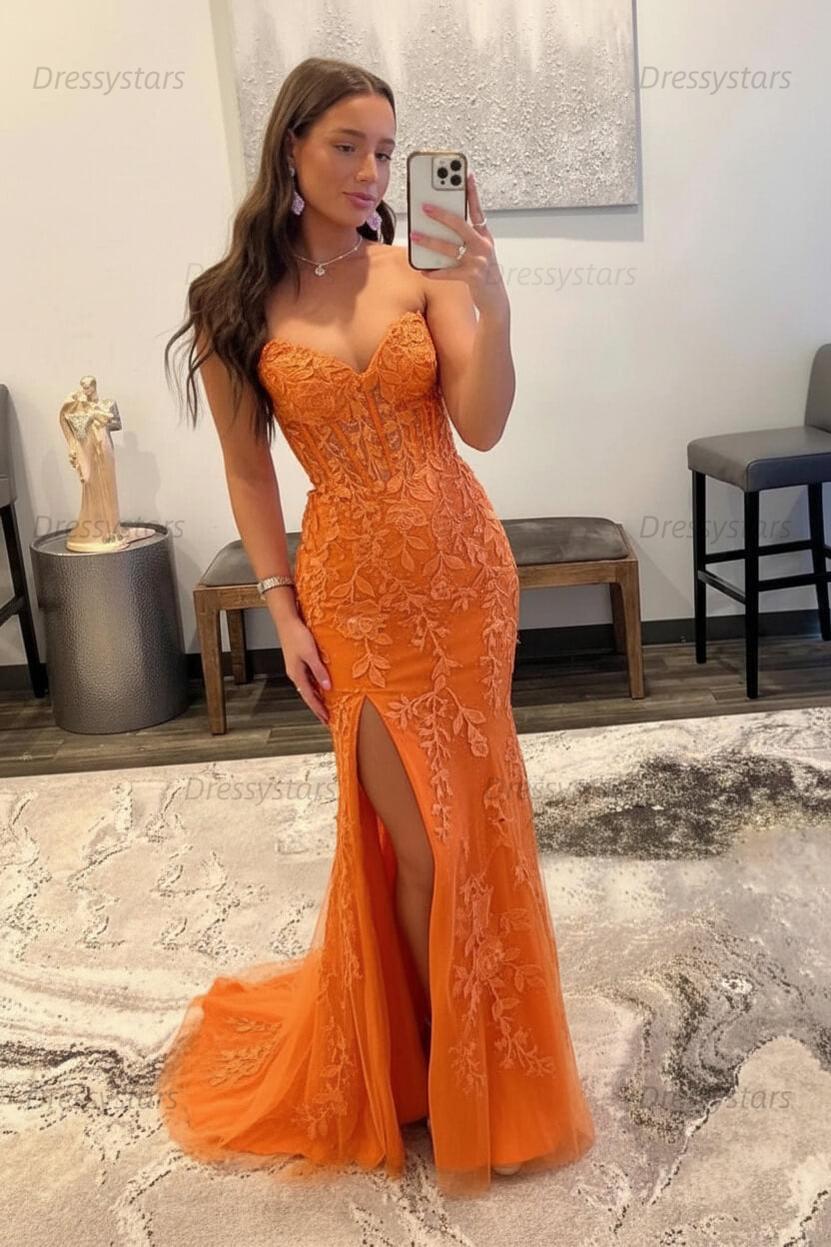 Black Prom Dress Corset Sweetheart Long Lace Mermaid Evening Dress with Slit