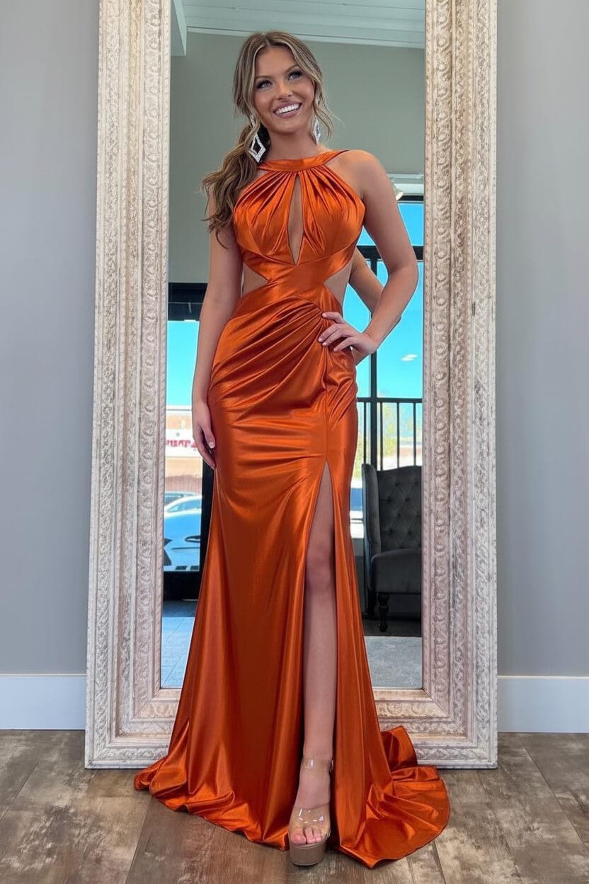 Fuchsia Metallic Mermaid Prom Dress With Slit And Open Back Formal Evening Gown