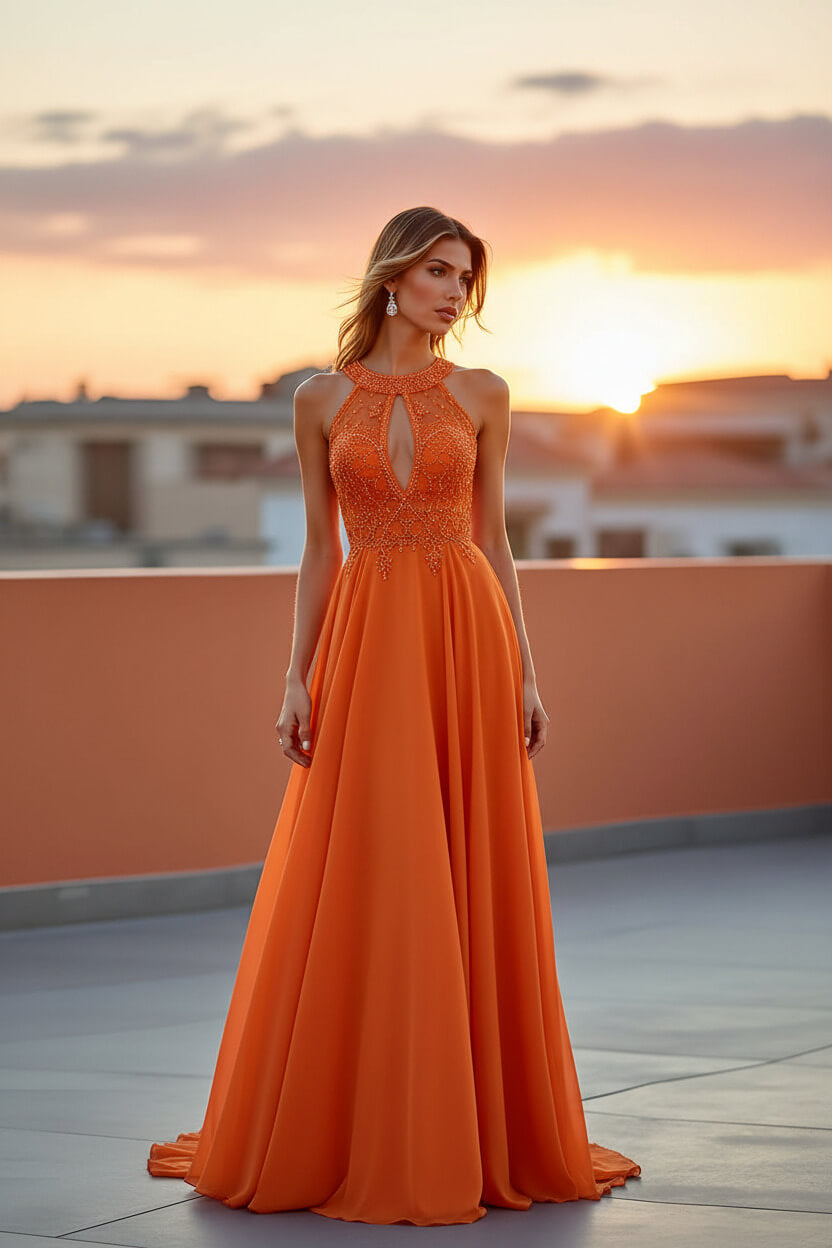 Dressystars Beaded Navy Wedding Guest Dress Halter Long Formal Dress With Embroideries