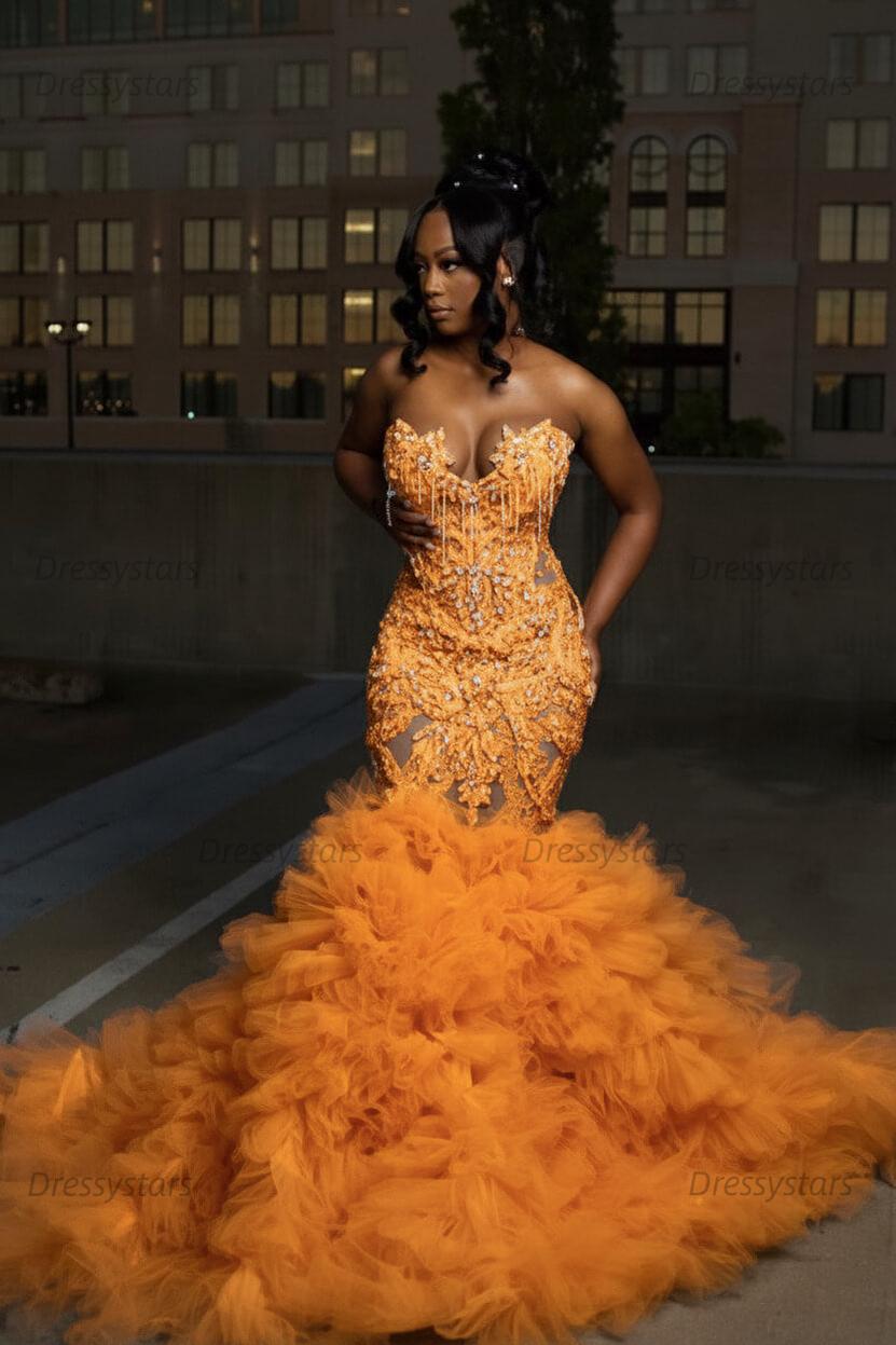Mermaid Sweetheart Prom Dress Ruffled Sleeveless Formal Evening Gown with Rhinestones and Beadings