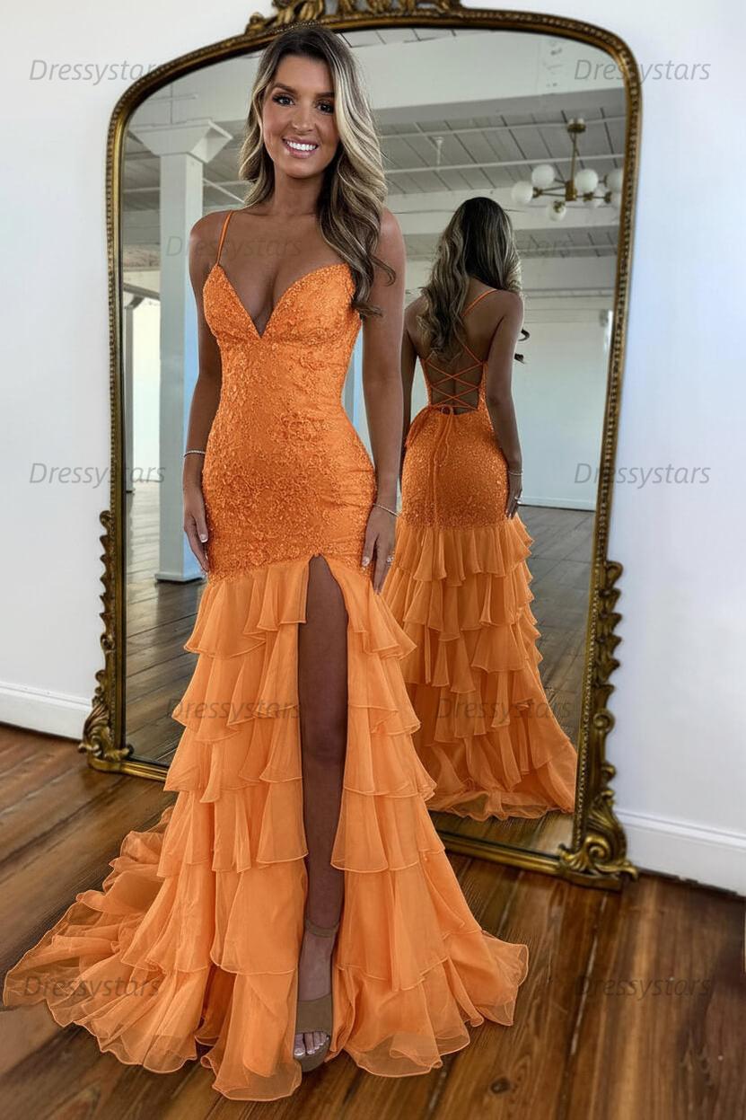 Dressystars Yellow Mermaid Spaghetti Straps Lace Up Long Prom Dress With Ruffle Skirt Formal Evening Gown
