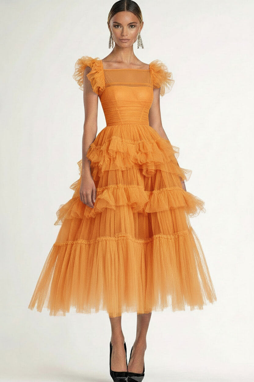 Dressystars Tea Length Black Wedding Guest Dress A-Line Flatter Sleeves Tulle Formal Dress With Ruffles