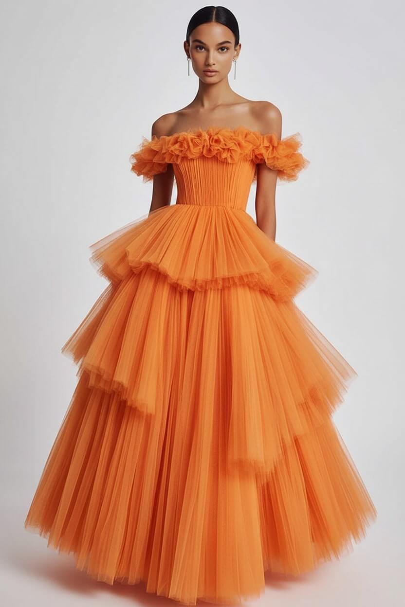 Dusty Sage Formal Dress Tulle Off The Shoulder Ball Gown Wedding Guest Dress With Ruffles