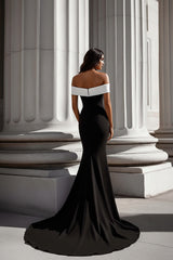Dressystars White Mermaid Off The Shoulder Long Satin Black Tie Dress