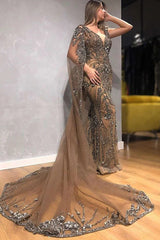 V Neck Mermaid Formal Dress Beaded Floor Length Evening Dress with Watteau Train