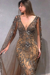 V Neck Mermaid Formal Dress Beaded Floor Length Evening Dress with Watteau Train