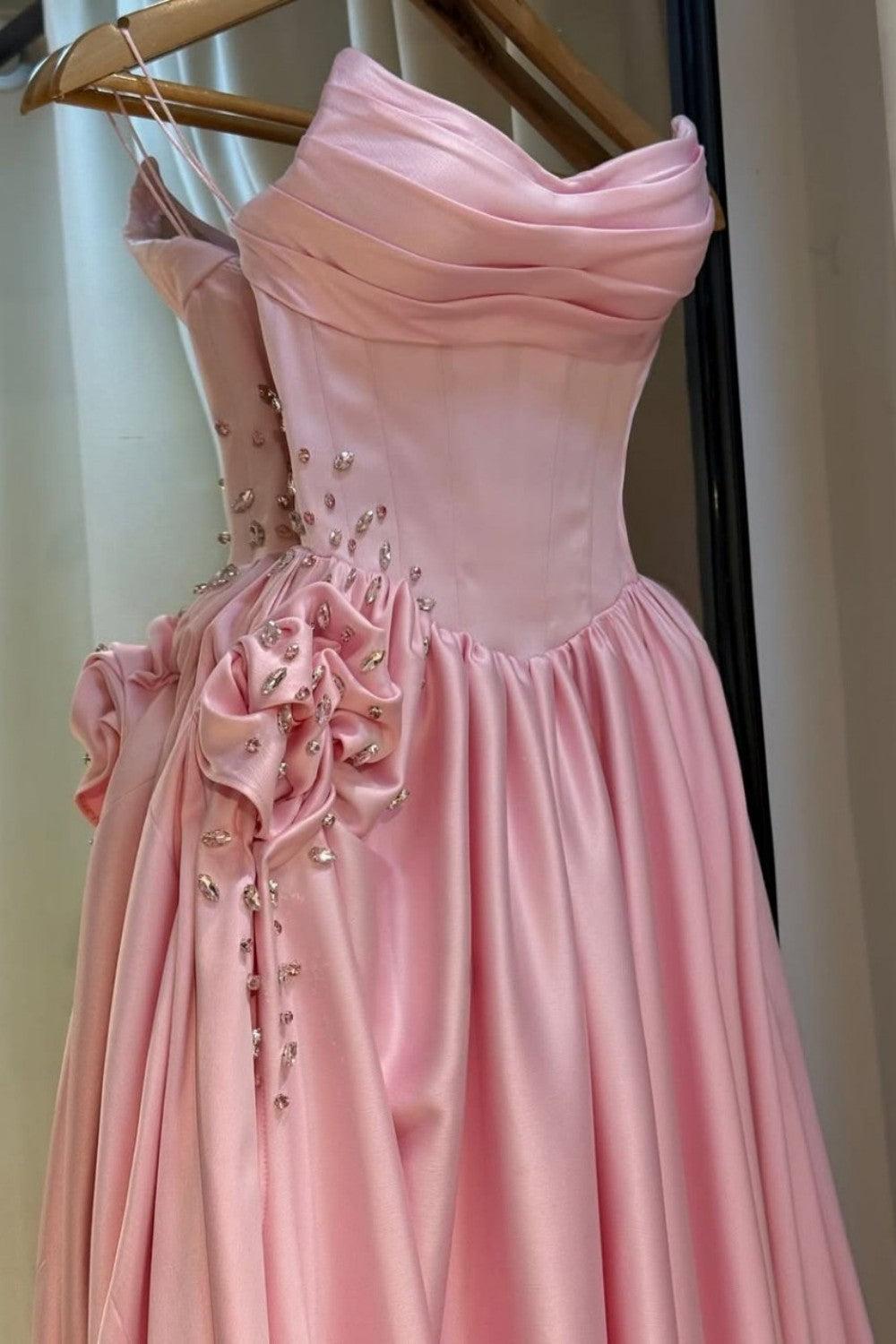 Pink Satin Strapless Homecoming Dress With Rhinestone 3D Flower And High Slit Formal Evening Gown