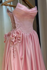 Pink Satin Strapless Homecoming Dress With Rhinestone 3D Flower And High Slit Formal Evening Gown