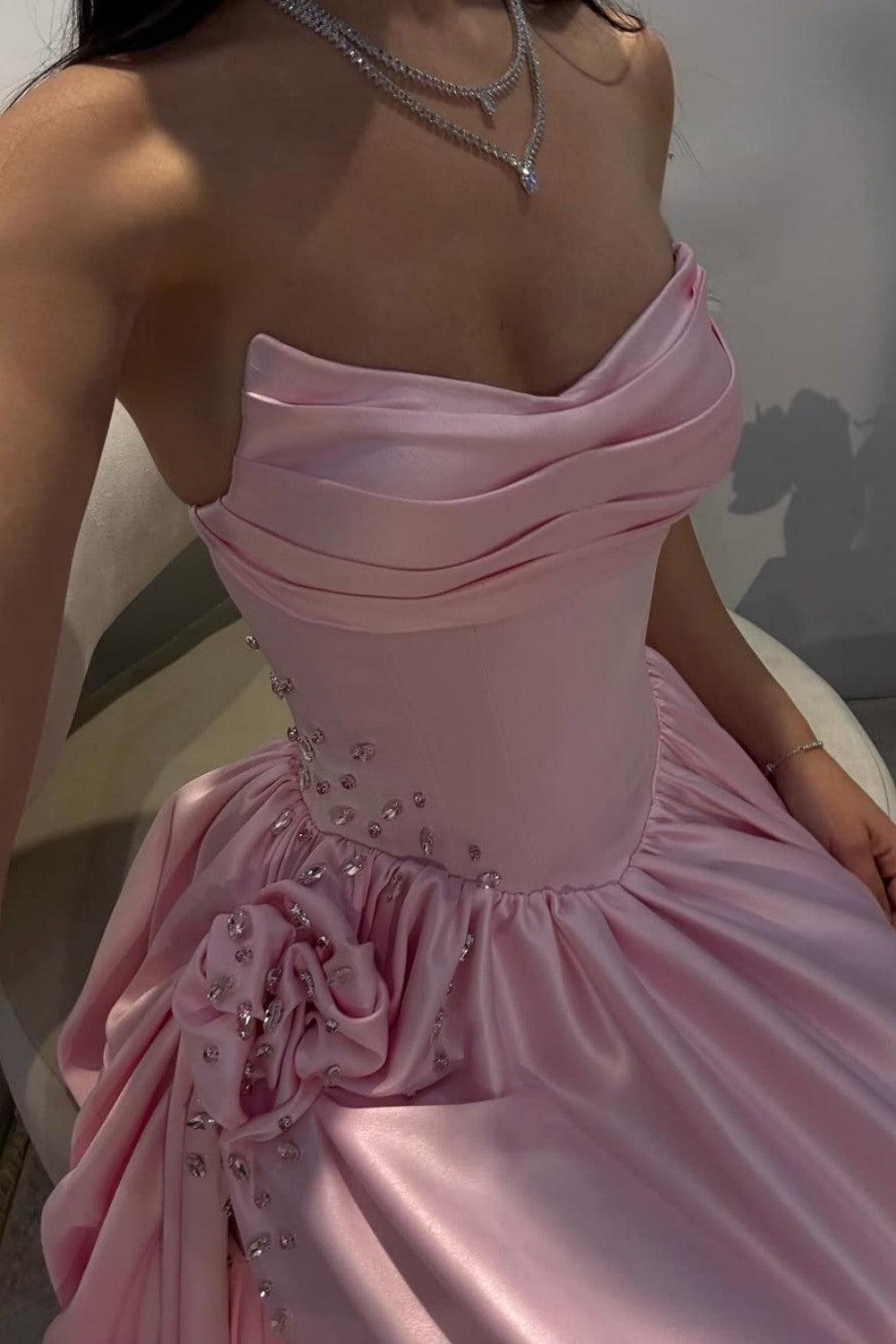 Pink Satin Strapless Homecoming Dress With Rhinestone 3D Flower And High Slit Formal Evening Gown