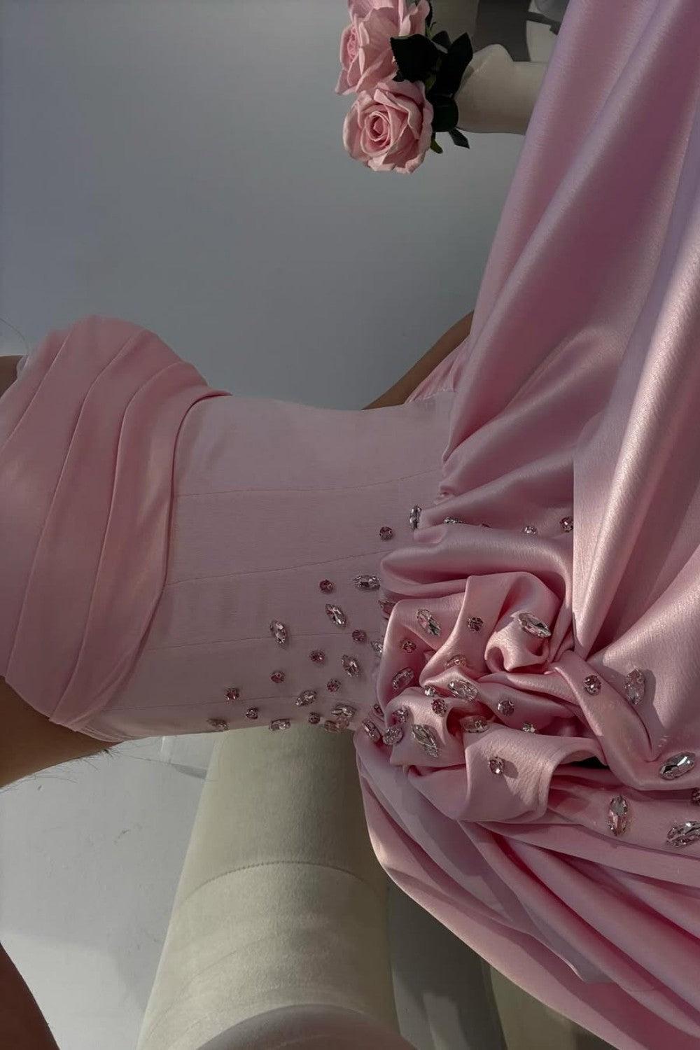 Pink Satin Strapless Homecoming Dress With Rhinestone 3D Flower And High Slit Formal Evening Gown