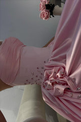 Pink Satin Strapless Homecoming Dress With Rhinestone 3D Flower And High Slit Formal Evening Gown