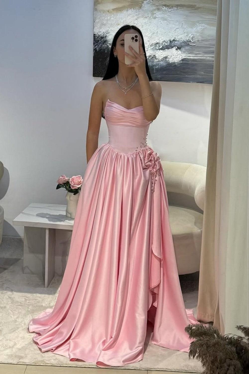 Pink Satin Strapless Homecoming Dress With Rhinestone 3D Flower And High Slit Formal Evening Gown