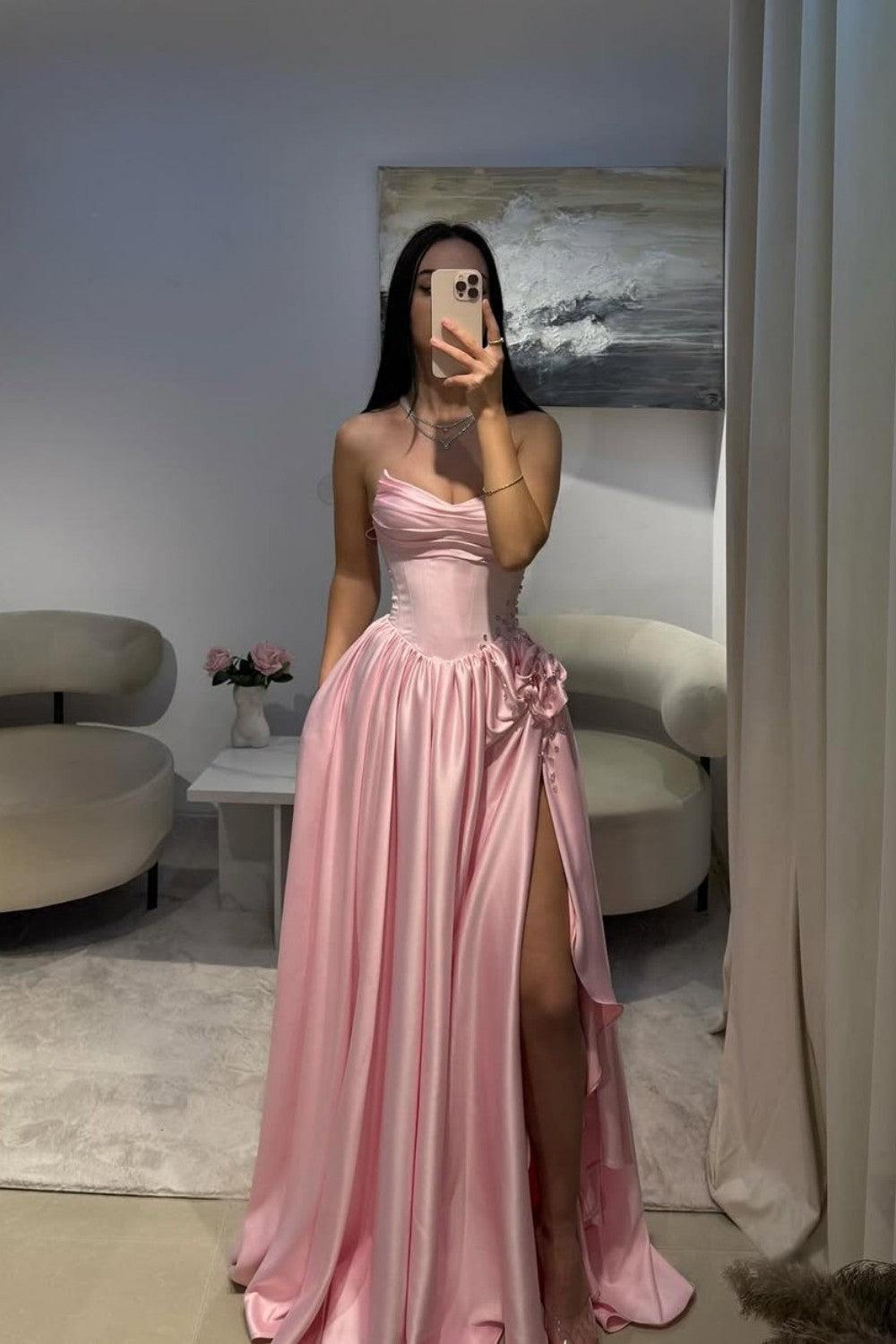 Pink Satin Strapless Homecoming Dress With Rhinestone 3D Flower And High Slit Formal Evening Gown
