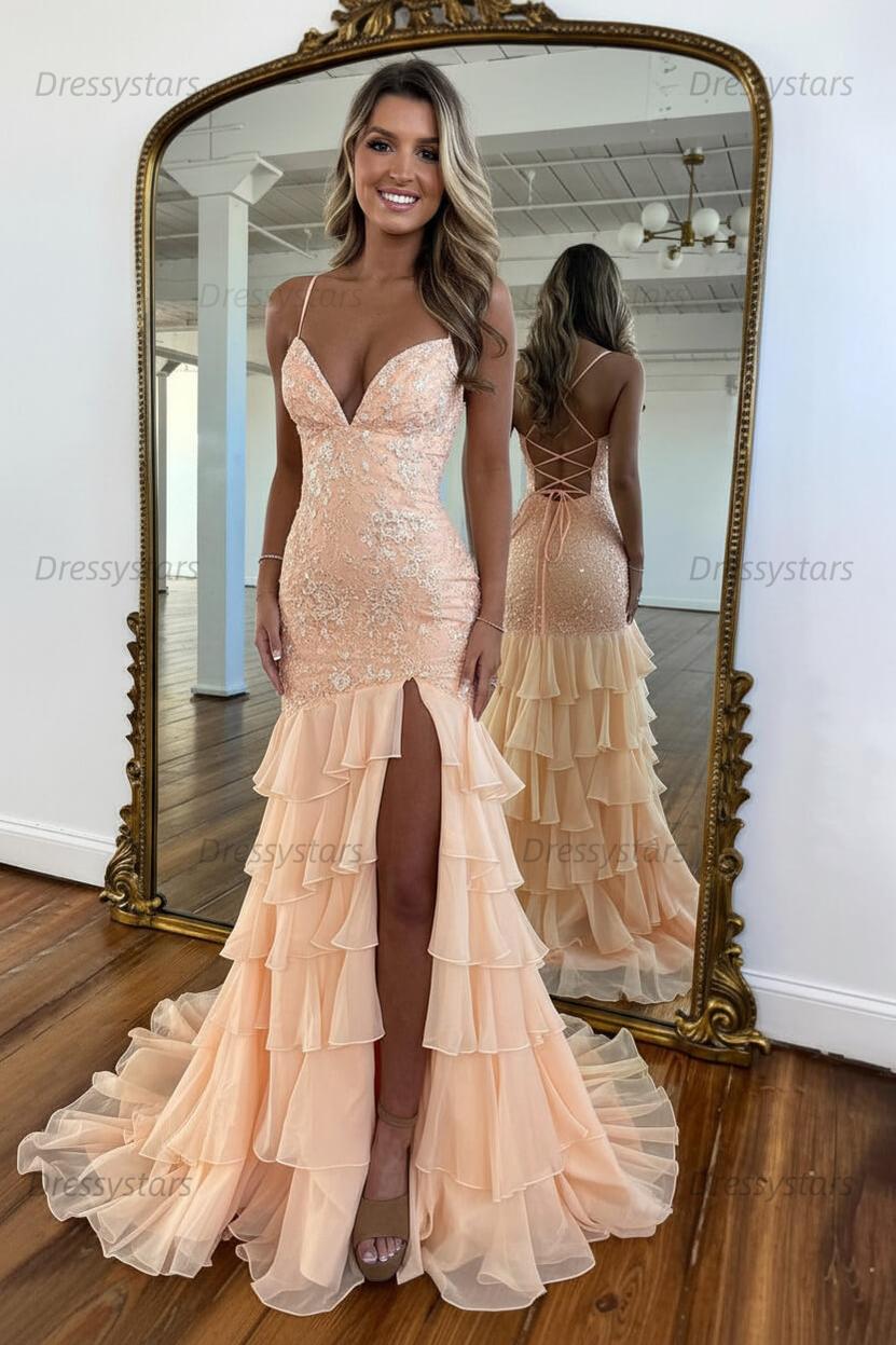 Dressystars Yellow Mermaid Spaghetti Straps Lace Up Long Prom Dress With Ruffle Skirt Formal Evening Gown