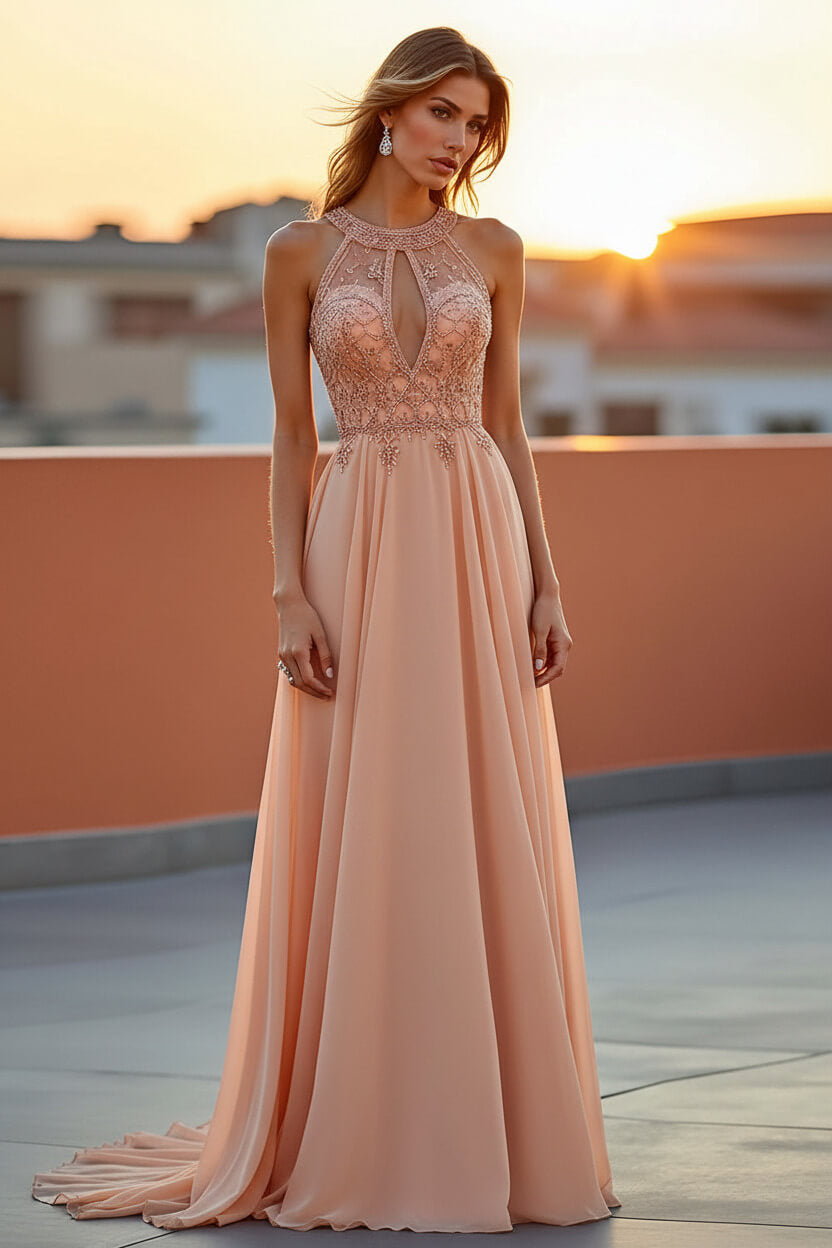 Dressystars Beaded Navy Wedding Guest Dress Halter Long Formal Dress With Embroideries