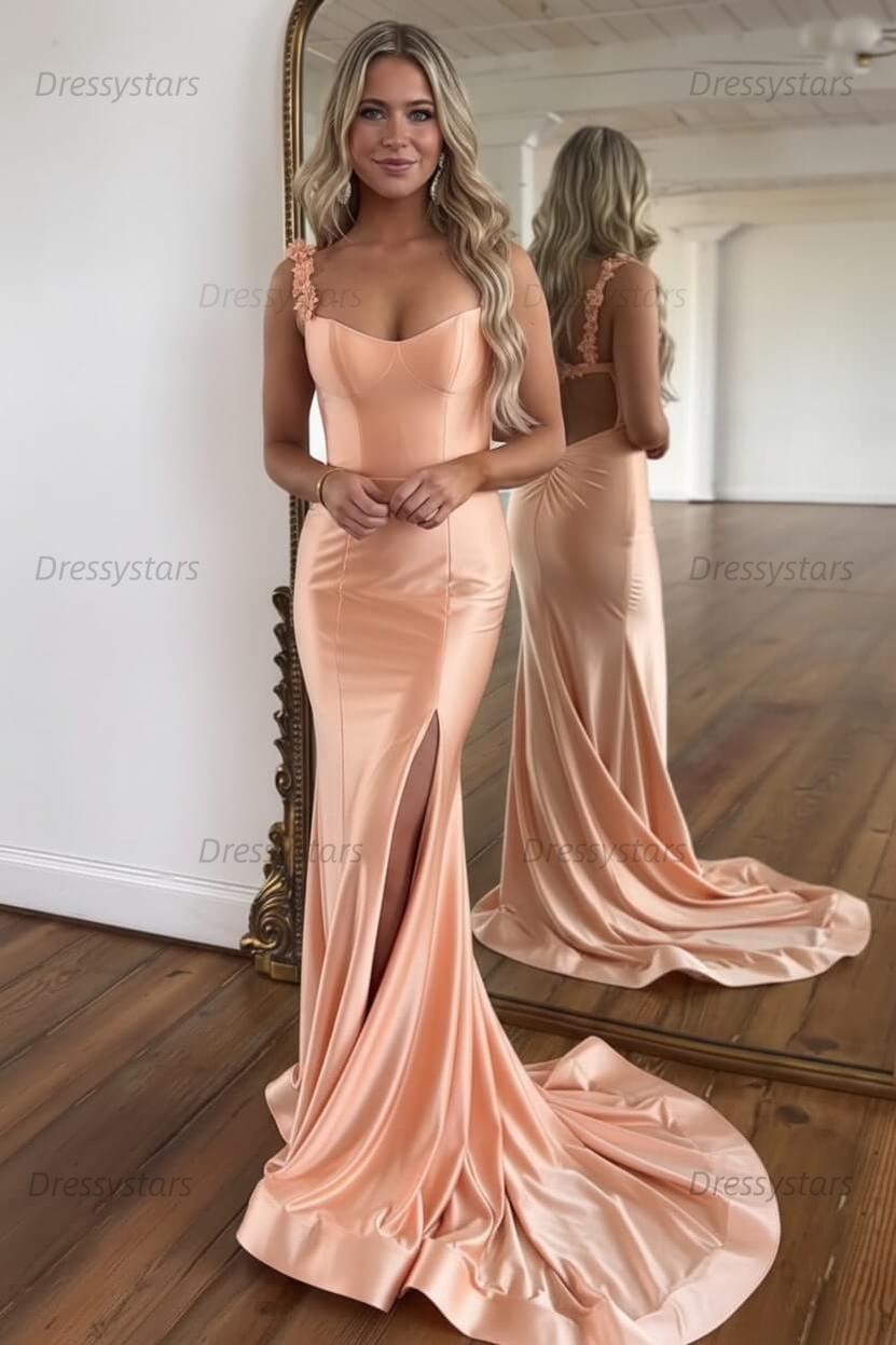 Red Prom Dress Spaghetti Straps Mermaid Satin Long Evening Dress with Slit
