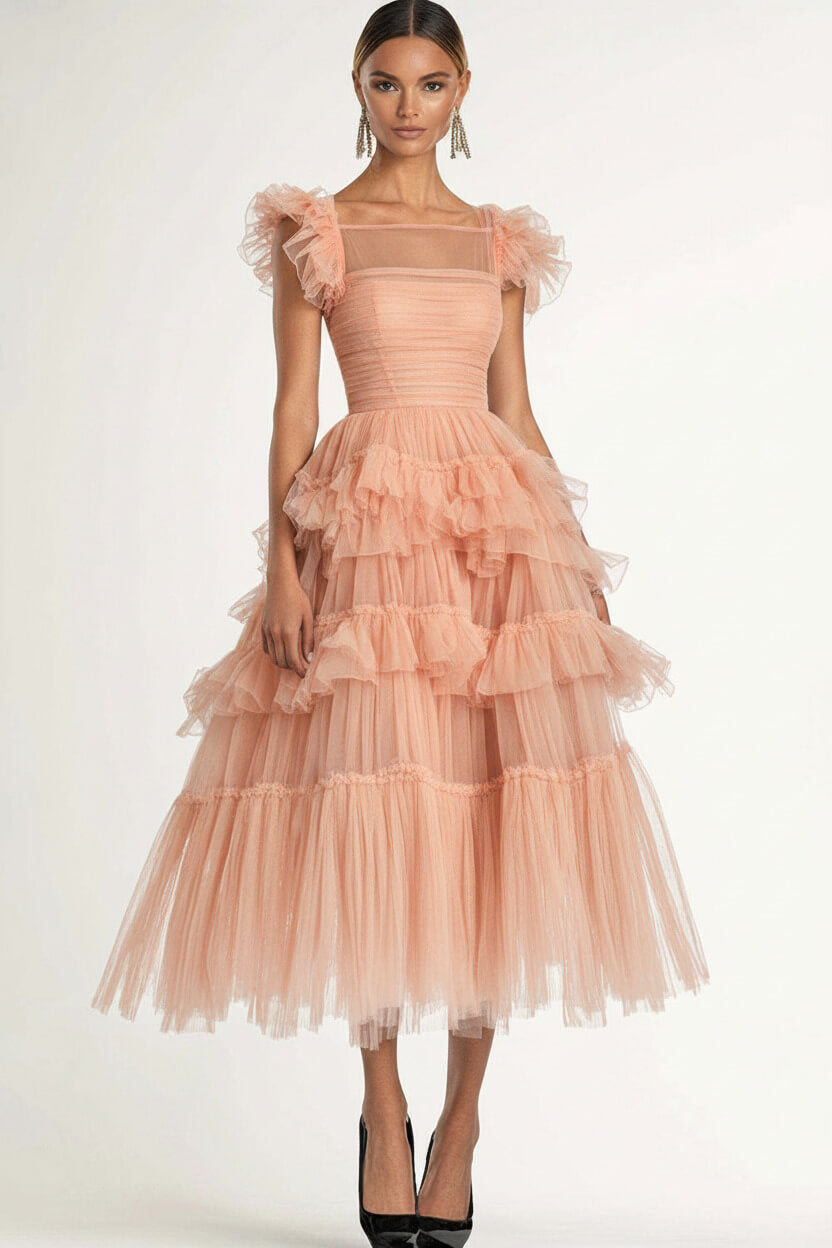 Dressystars Tea Length Black Wedding Guest Dress A-Line Flatter Sleeves Tulle Formal Dress With Ruffles