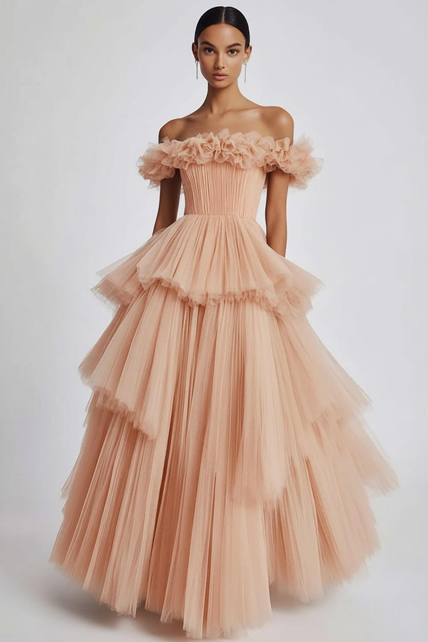Dusty Sage Formal Dress Tulle Off The Shoulder Ball Gown Wedding Guest Dress With Ruffles