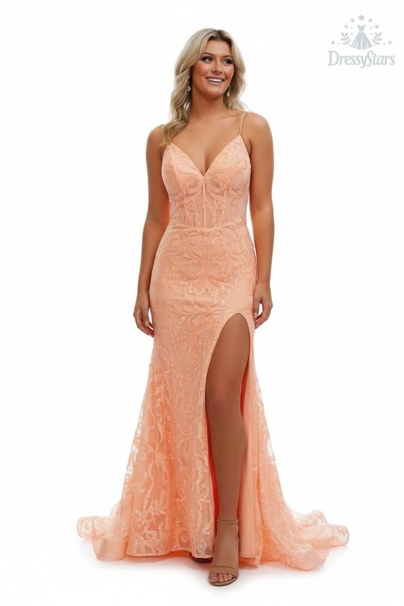 Orange Prom Dress Spaghetti Straps Mermaid Evening Dress