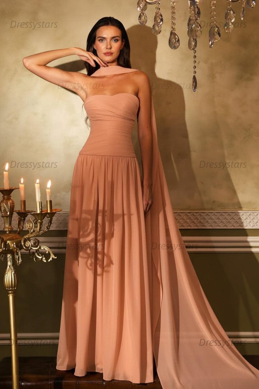 Orange A Line Prom Dress Sleeveless Strapless Formal Dress